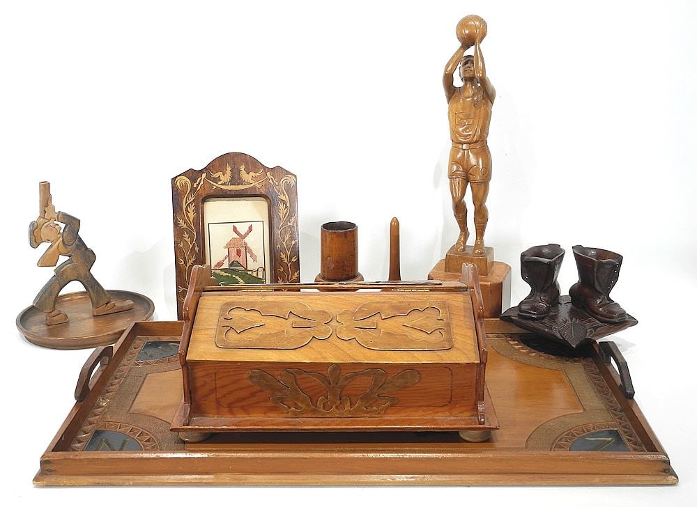 Collection of Naive Folk Art Wood Carvings: Tray (23"w)/Athlete/Treen/ Popeye. (1 of 6)