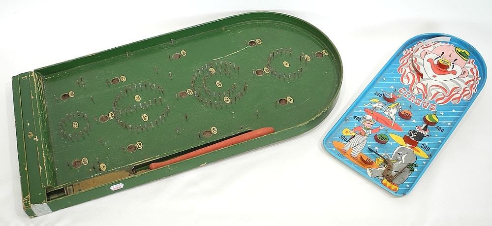 Chad Valley "Bagatelle" Board & "Circus" Game Board, 24 1/2 & 14 1/2 "h. (1 of 3)