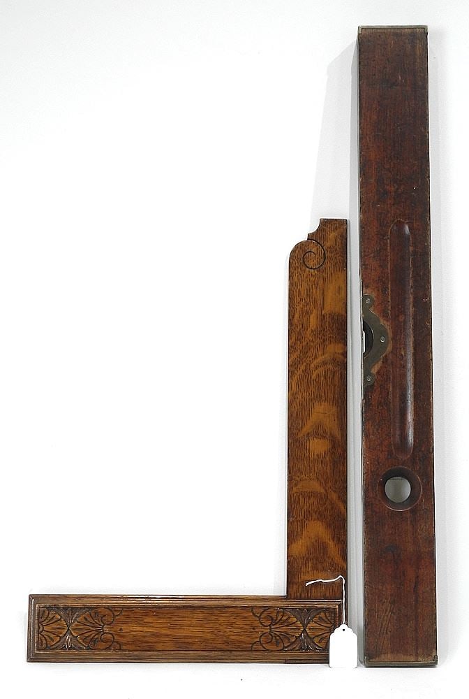 Early 20th C. Stanley Level (28 1/4"L) & Eastlake Oak Square, 20 "L. (1 of 2)