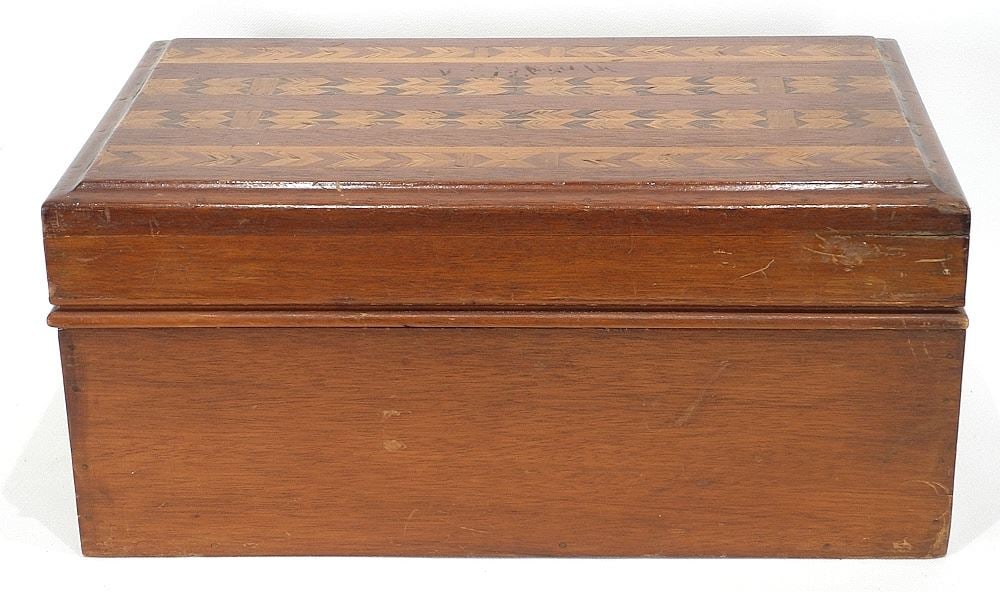 Herring Bone Inlaid Mahogany Box signed "Made by Robert Whynot, Port Midway NS.: Herring Bone Inlaid Mahogany Box signed "Made by Robert Whynot, Port Midway NS.