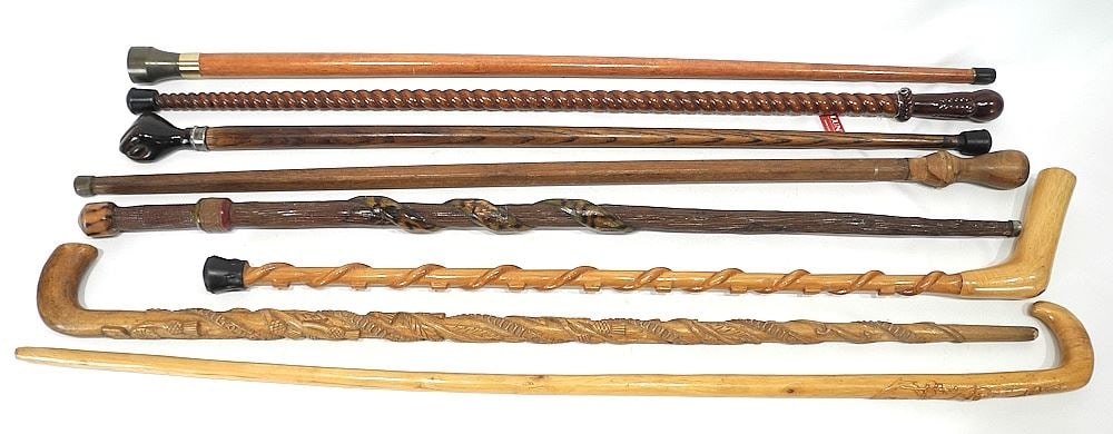 Eight Various Canes/Walking Sticks: Carved / Mexican / Barley Twist / etc, 35 - 37".: Eight Various Canes/Walking Sticks: Carved / Mexican / Barley Twist / etc, 35 - 37".