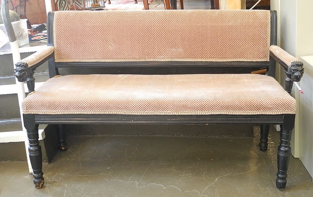 Late 19thC. Ebonized Wood Entry Bench with Lion Mask Terminals, 52"w: Late 19thC. Ebonized Wood Entry Bench with Lion Mask Terminals, 52"w