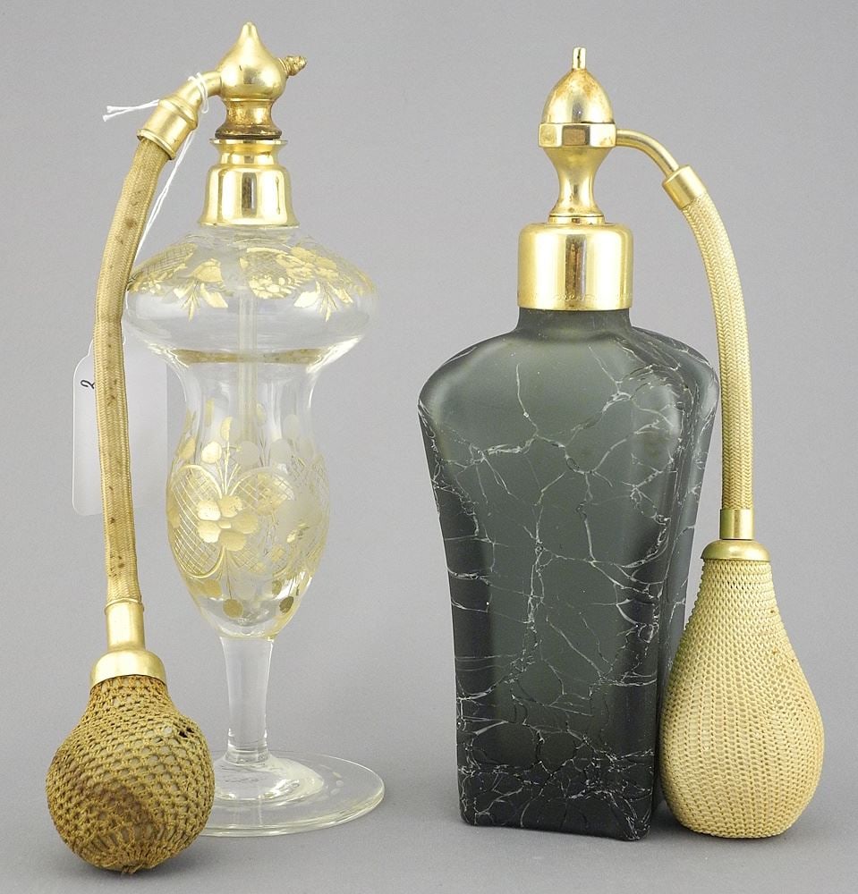 Two Atomizers: Gilt Etched & Crackle Glass, Approximately 7 1/8"h.: Two Atomizers: Gilt Etched & Crackle Glass, Approximately 7 1/8"h.