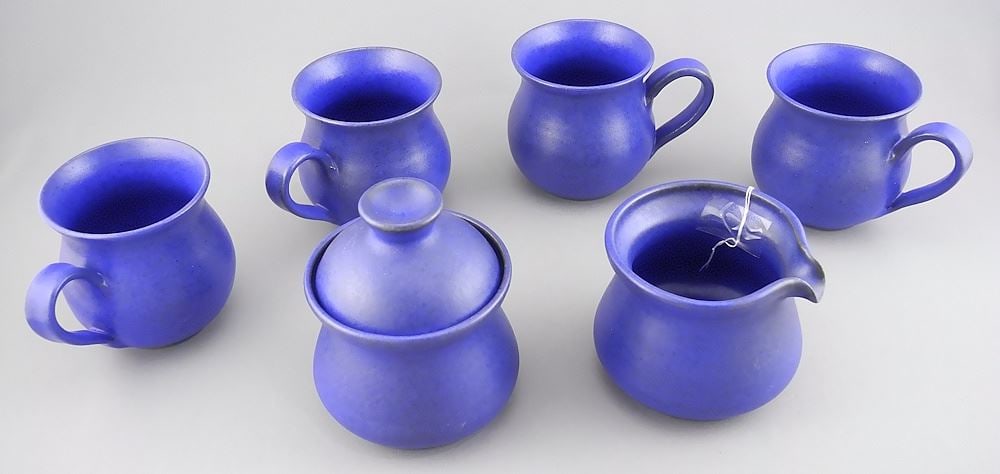 Collection of Jan Grove Cups & Cream & Sugar, 3 1/2 - 4 1/2"h.: Collection of Jan Grove Cups & Cream & Sugar, 3 1/2 - 4 1/2"h.