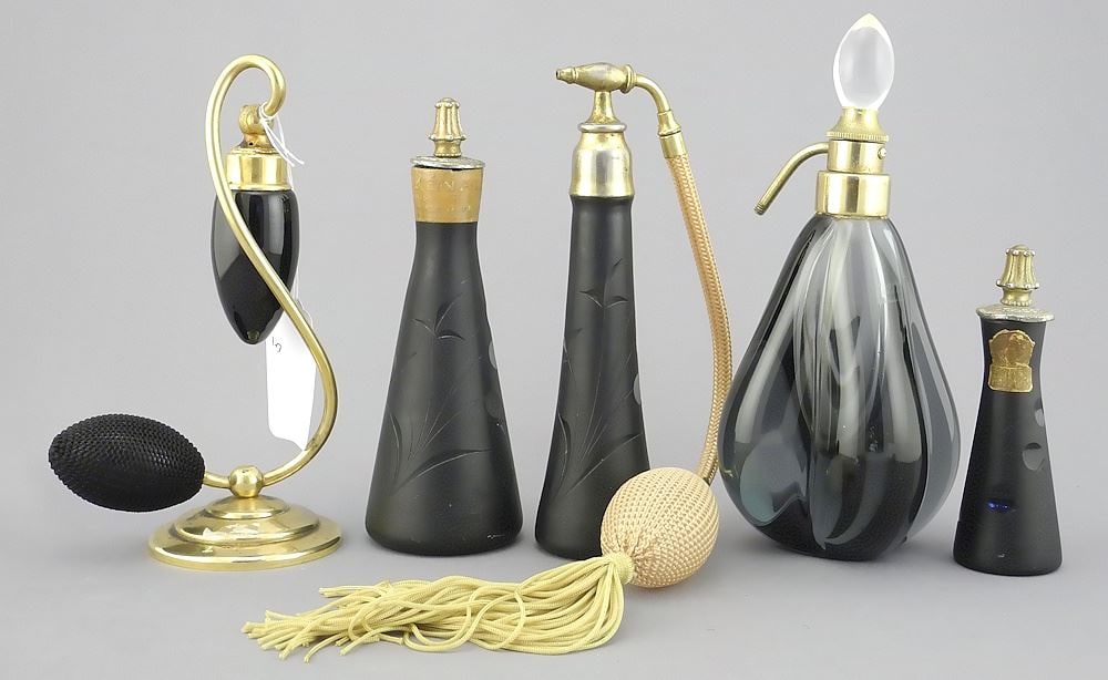 Five Vintage Black & Smoked Glass Atomizers & Perfume Bottles, 4 - 6 3/4"h. (1 of 2)