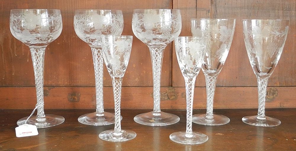 Lot of Leaf & Grape Etched Stemware Including Wine, Cordial, Etc: Lot of Leaf & Grape Etched Stemware Including Wine, Cordial, Etc