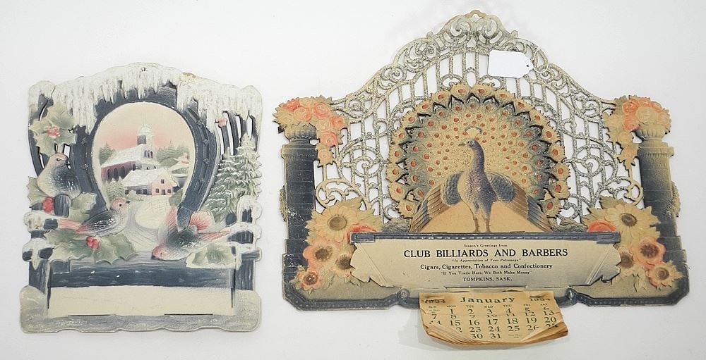 Two Embossed Calendars: 1934 Club Billiards & Barbers & German, Approx. 16 1/2 x 16 1/2". (1 of 3)