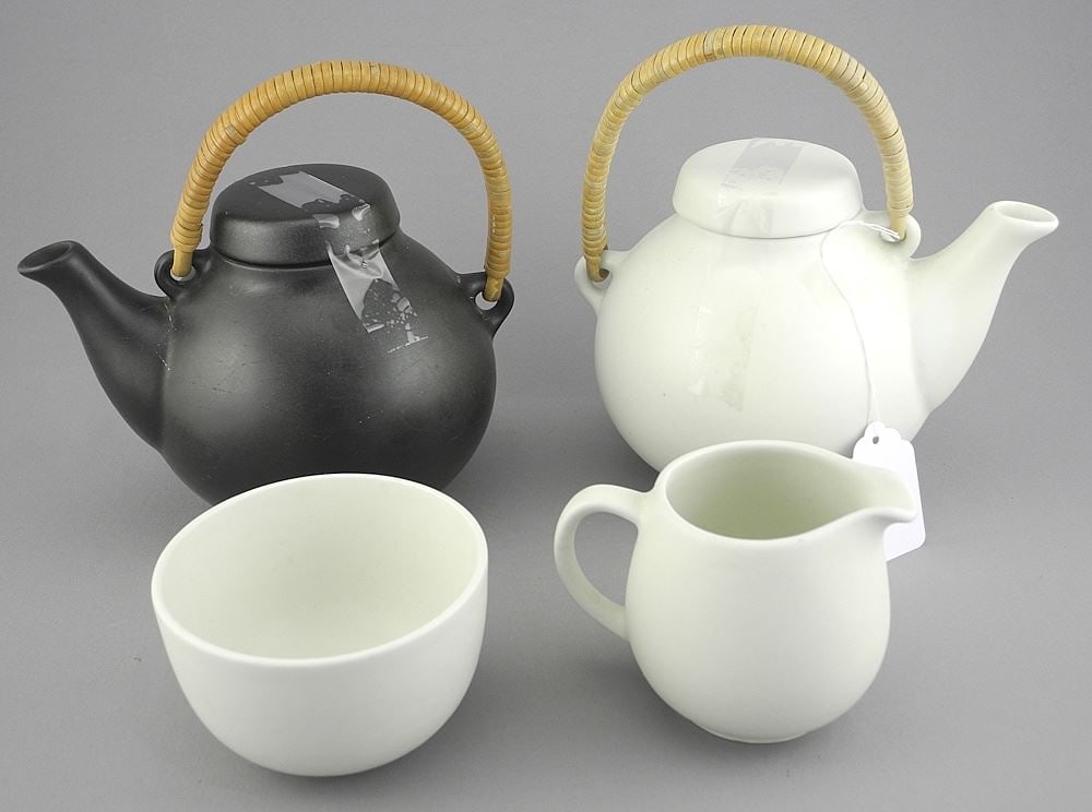 Two Arabia Ulla Procope Design Tea Pots with Cream & Sugar, 4 1/2"h.: Two Arabia Ulla Procope Design Tea Pots with Cream & Sugar, 4 1/2"h.