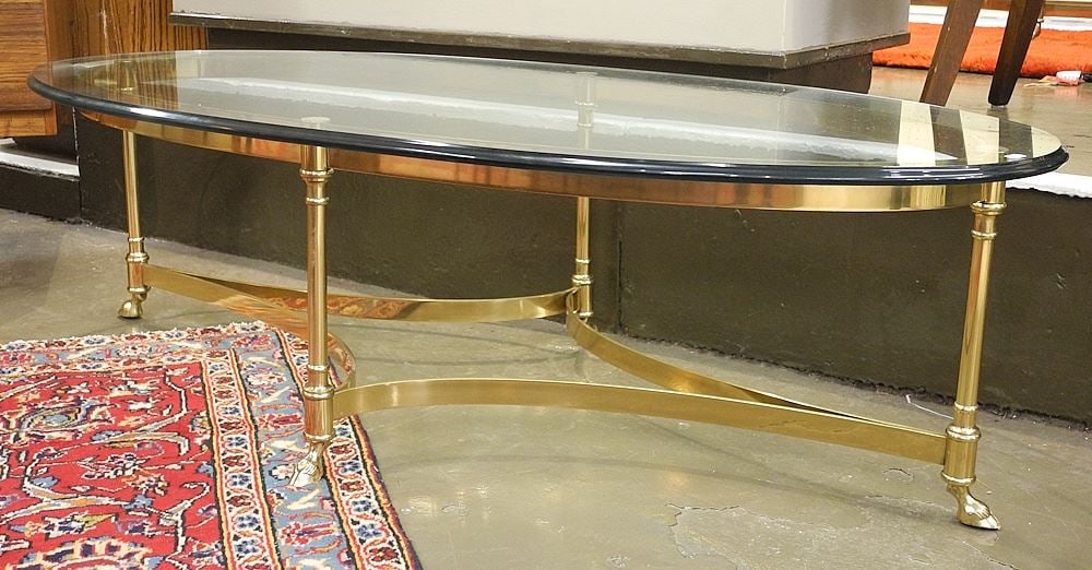 Brass & Glass Oval Low Table, 52"L. (1 of 2)