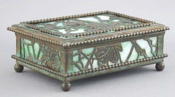 Tiffany Studios New York #78 Bronze Box, 4 1/2"w (hinge & glass damaged): Tiffany Studios New York #78 Bronze Box, 4 1/2"w (hinge & glass damaged)