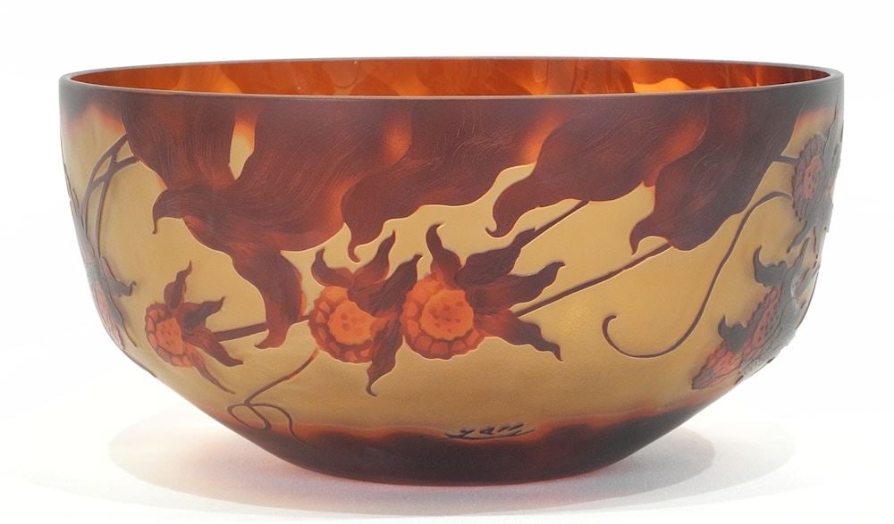 Galle-Style Overlay Glass Bowl, 5 7/8 x 11 1/2" Diameter.: Galle-Style Overlay Glass Bowl, 5 7/8 x 11 1/2" Diameter.