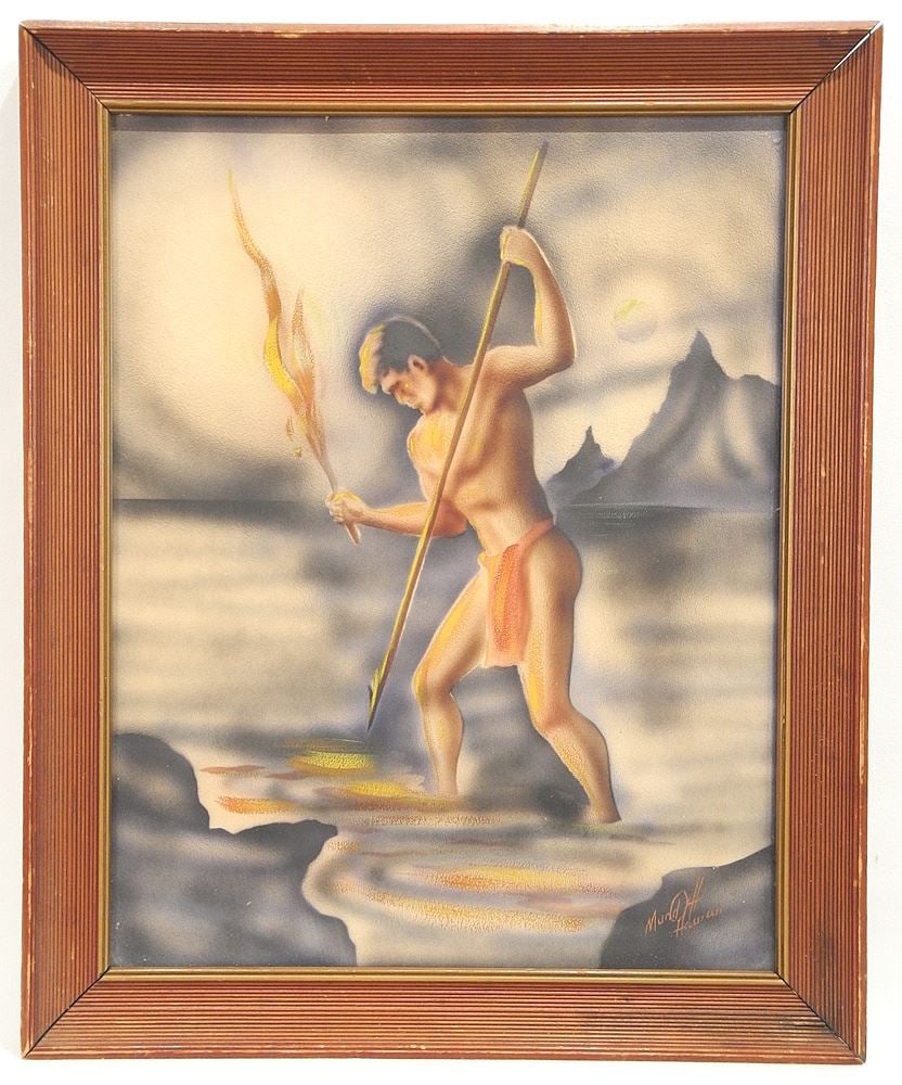 Airbrush Stencil signed (Ted) Mundorff Hawaii, 18 1/2 x 14 1/2", "Night Fisherman".: Airbrush Stencil signed (Ted) Mundorff Hawaii, 18 1/2 x 14 1/2", "Night Fisherman".