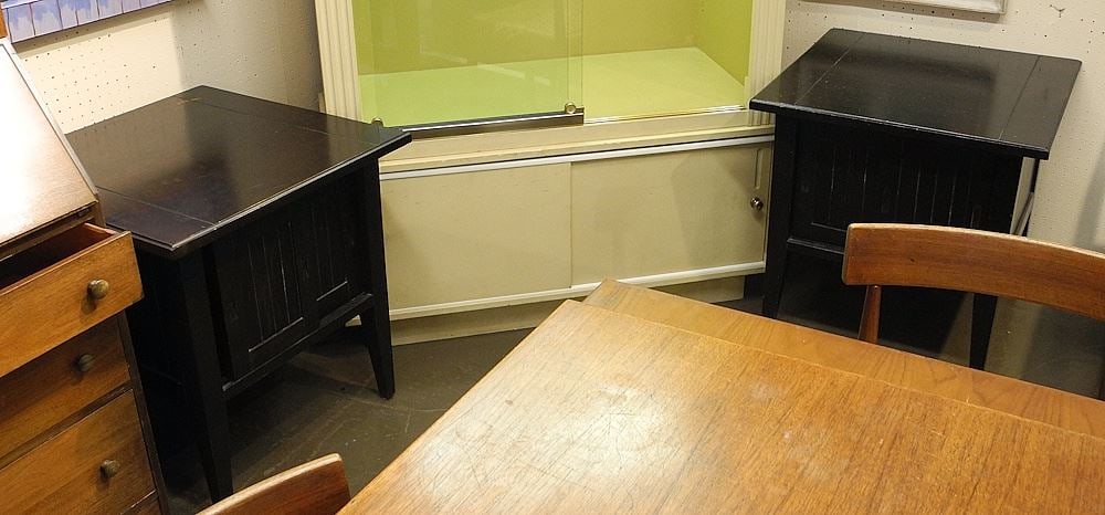 Pair of Contemporary Dark Wood Sliding Door Night Tables.: Pair of Contemporary Dark Wood Sliding Door Night Tables.