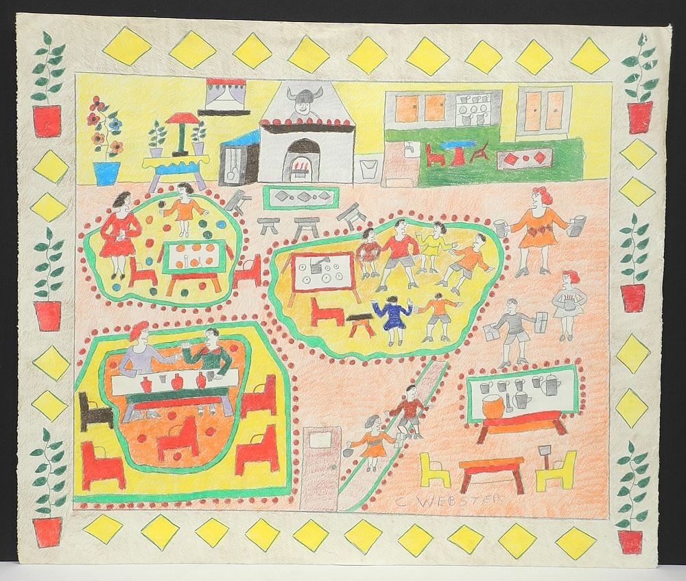 Mixed Media on Paper signed C. (Clarence) Webster, 22 x 26", "House Party", Unframed.: Mixed Media on Paper signed C. (Clarence) Webster, 22 x 26", "House Party", Unframed.