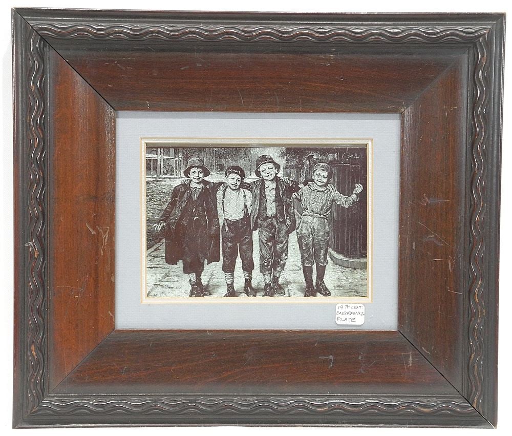 19th C. Engraving Plate, 4 5/8 x 6 5/8", "Four Boys", Framed. (1 of 2)