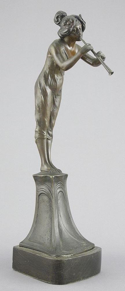 Bronze Figure signed V. (Victor) Seifert, 11 1/4"h, "Girl with Flute" , C.1910. (1 of 8)