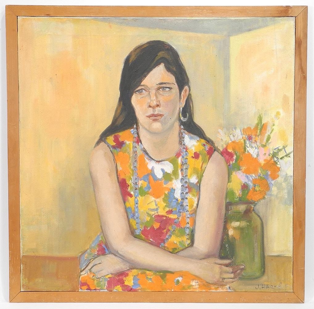 Oil on Canvas Signed J (Jeanette) Hart, 26" x 26", "Woman in Floral Dress".: Oil on Canvas Signed J (Jeanette) Hart, 26" x 26", "Woman in Floral Dress".