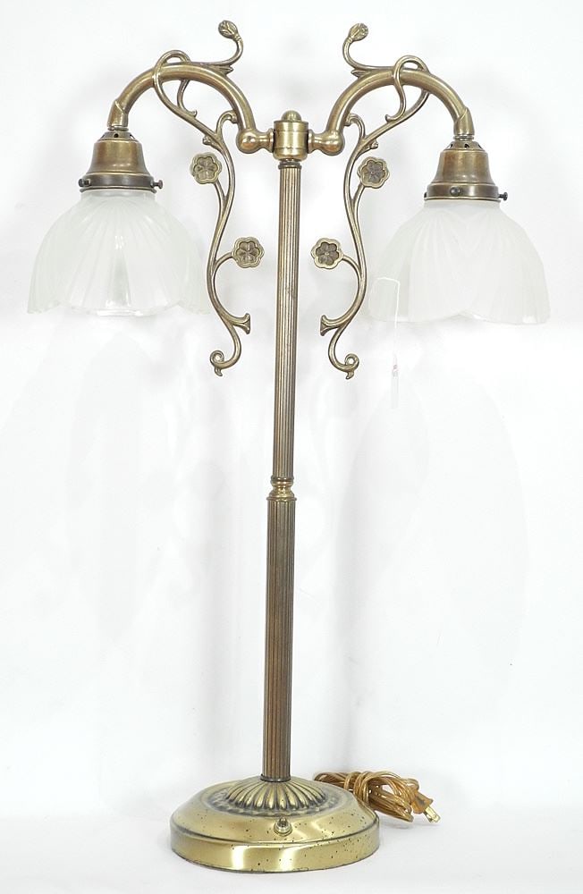 Art Nouveau Influenced Brass Dual Branch Table Lamp with Glass Shade, 29"h.: Art Nouveau Influenced Brass Dual Branch Table Lamp with Glass Shade, 29"h.