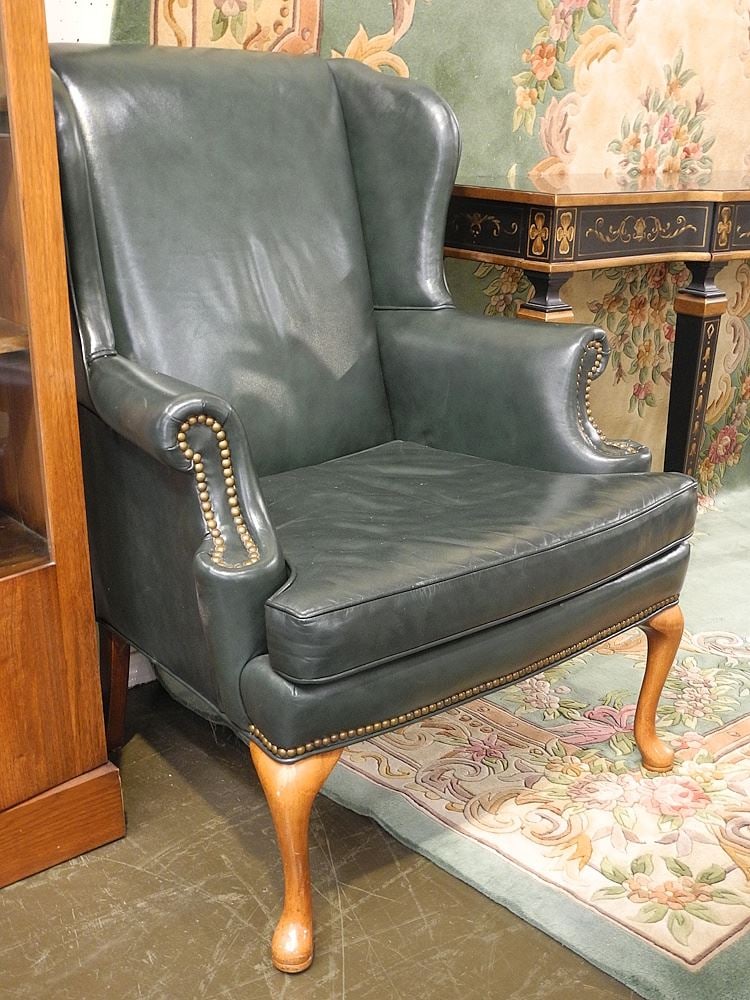 Whitmore-Sherril Green Leather Wingback & Ottoman.: Whitmore-Sherril Green Leather Wingback & Ottoman.