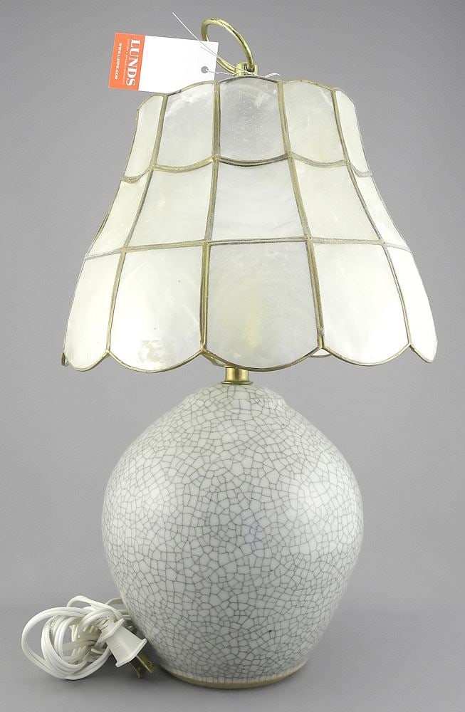 Craquelure Stoneware Table Lamp Impressed JA with Shell Shade, TH 17". (1 of 2)