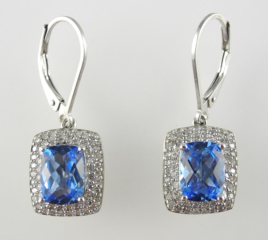 Pair of Sterling (925) Silver Blue Topaz & Diamond Halo Earrings, 5.6g. (1 of 4)