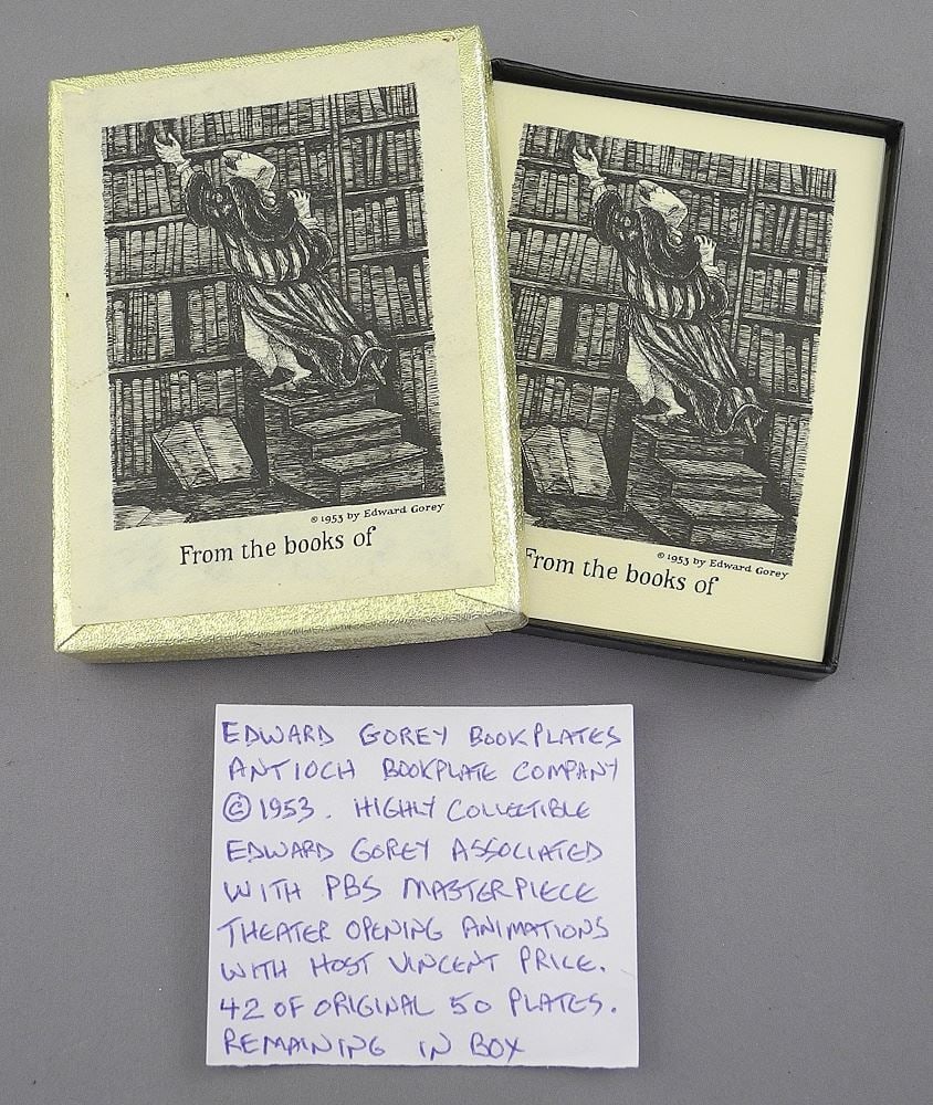 Antioch Bookplate Company Edward Gorey Bookplates with Original Box, Approx. 42/50.: Antioch Bookplate Company Edward Gorey Bookplates with Original Box, Approx. 42/50.