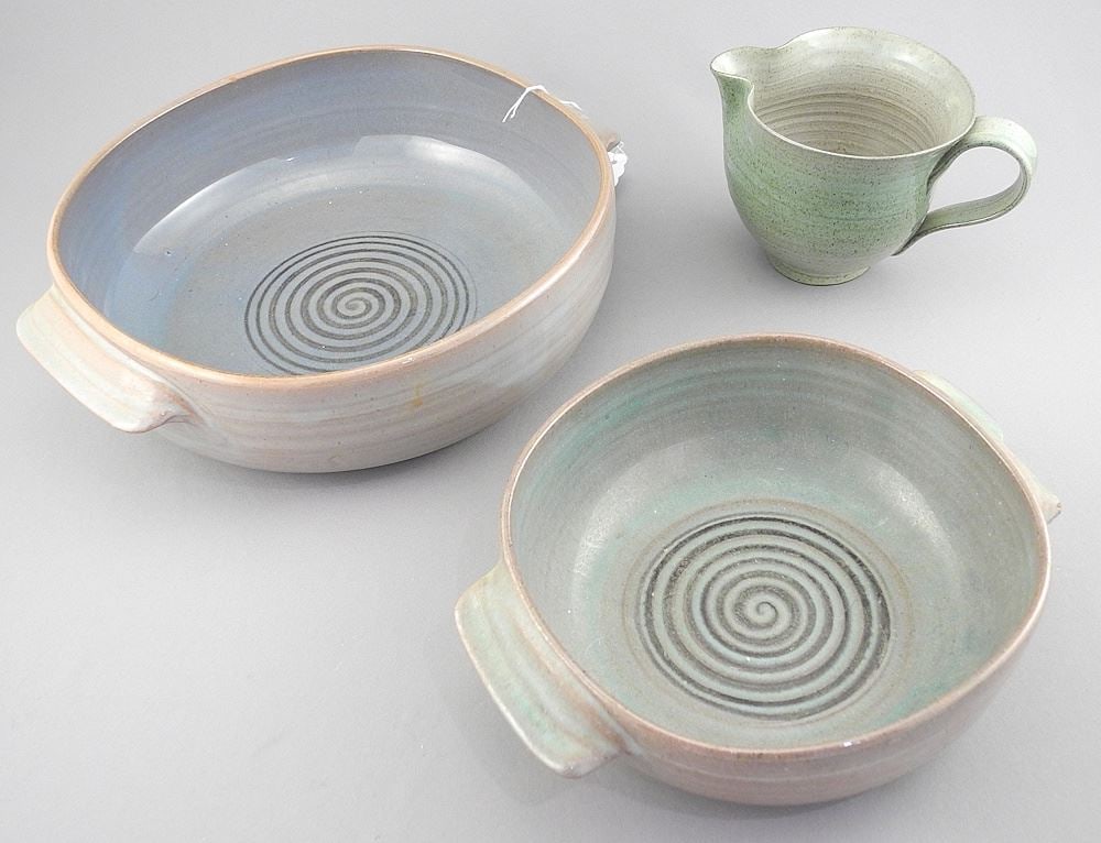 Three Edwin & Mary Scheier Pottery Vessels, 9 3/4"w (one handle chipped).: Three Edwin & Mary Scheier Pottery Vessels, 9 3/4"w (one handle chipped).