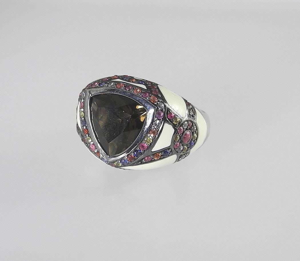 Effy Sterling (marked 925) Silver Smokey Quartz, Sapphire & Enamel Ring, Size 9, 6.7g. (1 of 5)
