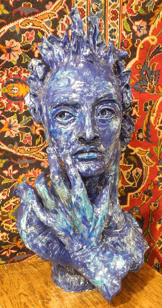 Ceramic Sculpture by Ruben Galdames, 28", "Blue Contemplation". (1 of 4)