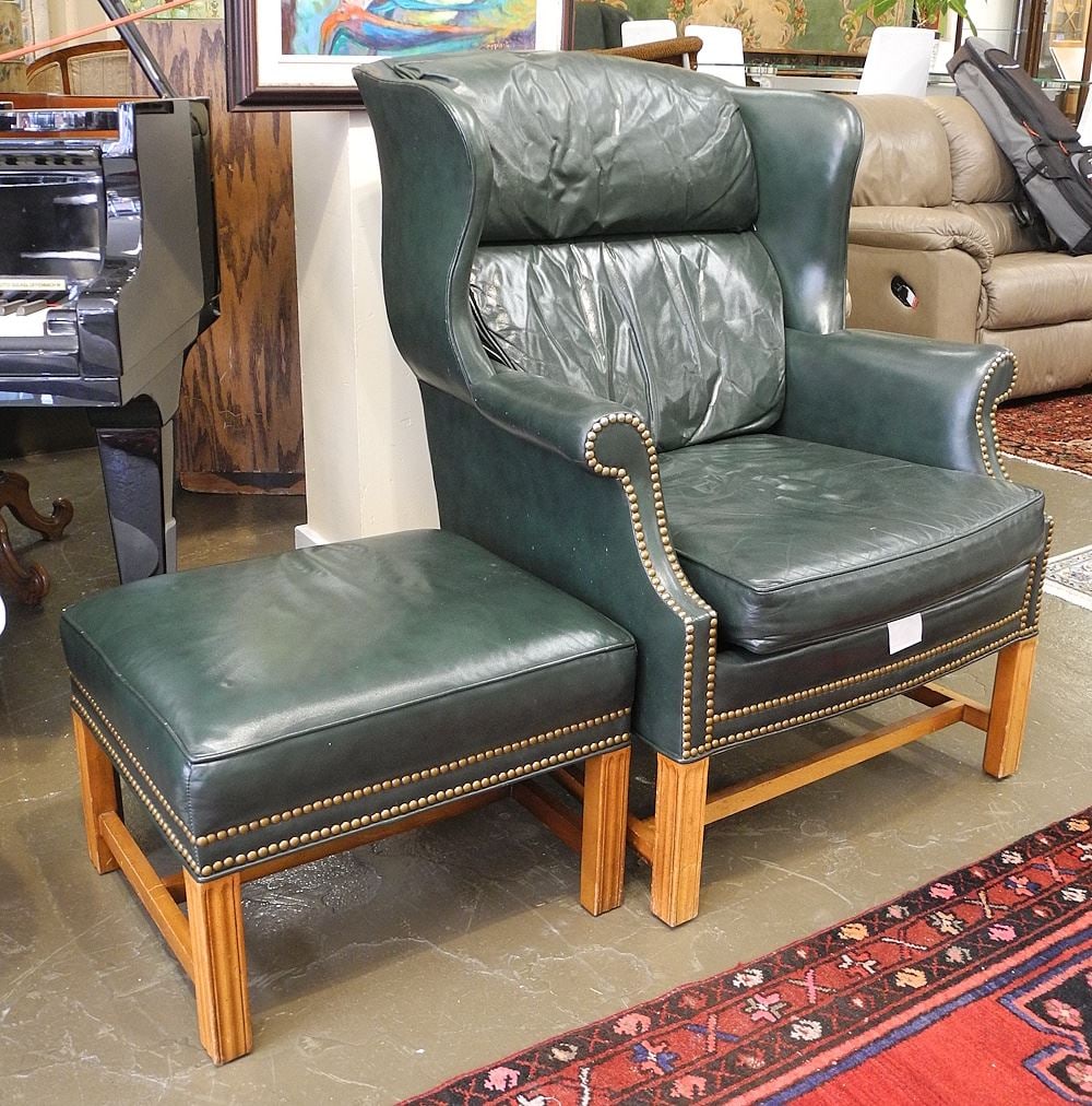 Whitmore-Sherril Green Leather Wingback & Ottoman.: Whitmore-Sherril Green Leather Wingback & Ottoman.
