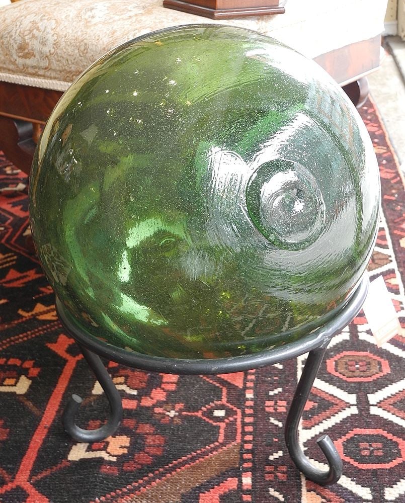 Green Japanese Glass Fishing Float on Wrought Stand, 13" Diameter. (1 of 1)