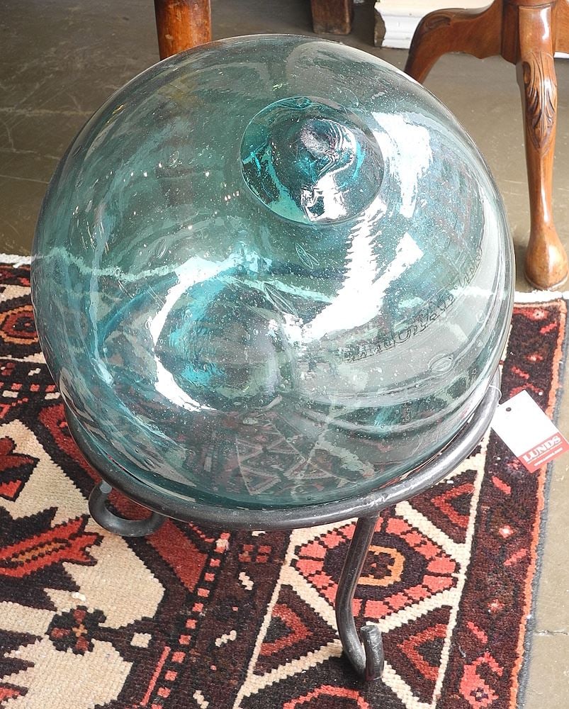 Aqua Japanese Glass Fishing Float on Wrought Iron Stand, 12" Diameter.: Aqua Japanese Glass Fishing Float on Wrought Iron Stand, 12" Diameter.