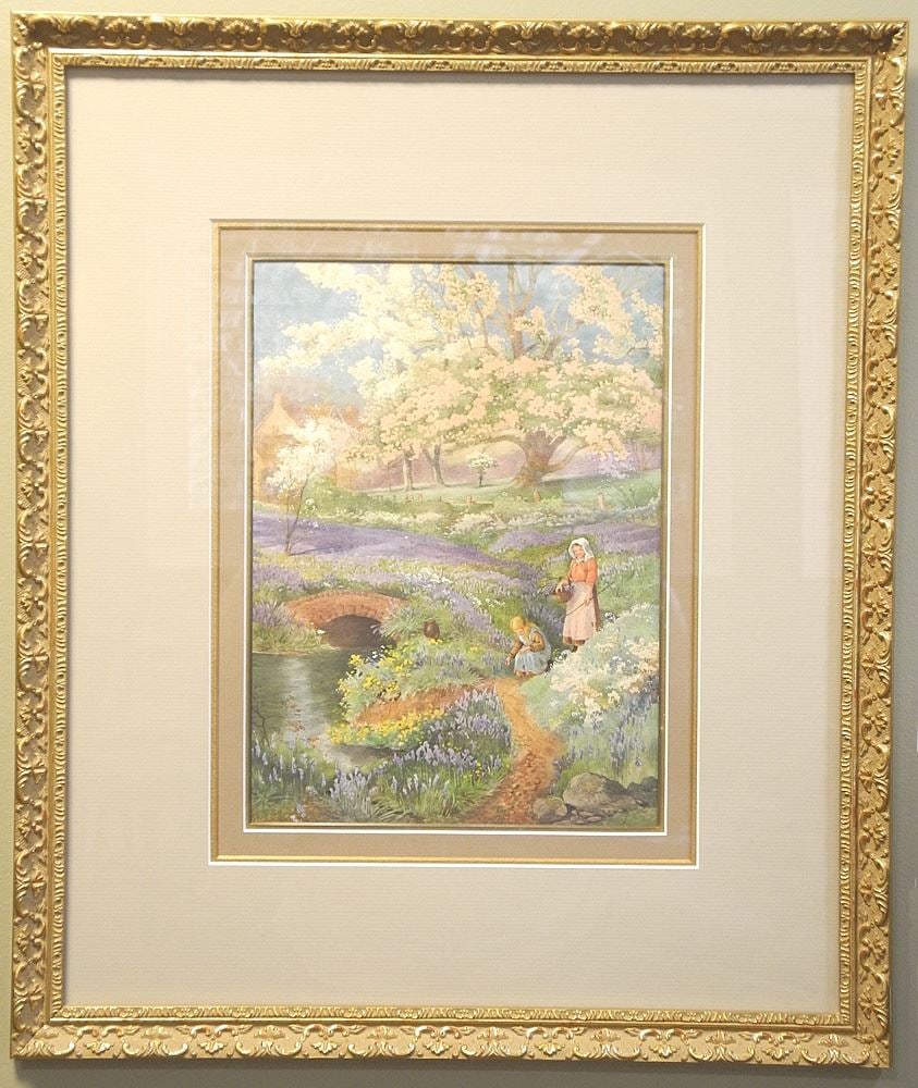Watercolour signed G. Hammond (Gertrude E.), 11 x 8", "Picking Flowers by the Stream".: Watercolour signed G. Hammond (Gertrude E.), 11 x 8", "Picking Flowers by the Stream".