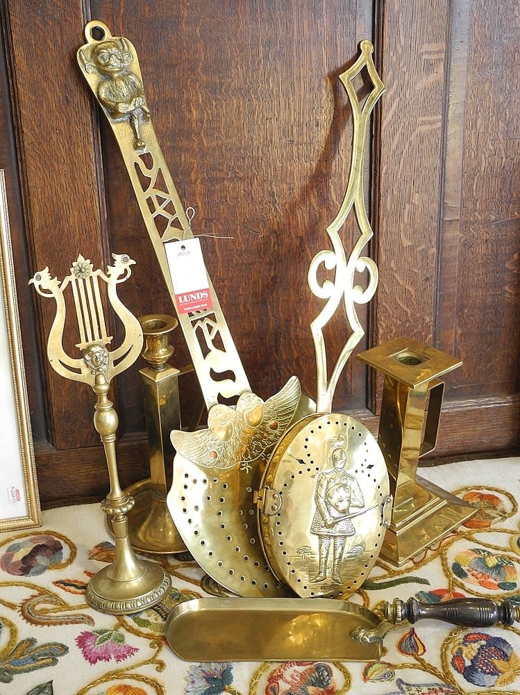 Collection of Antique Brass Wares: Crumb Tray/Candlesticks/Skimmer/ Stand. (1 of 1)