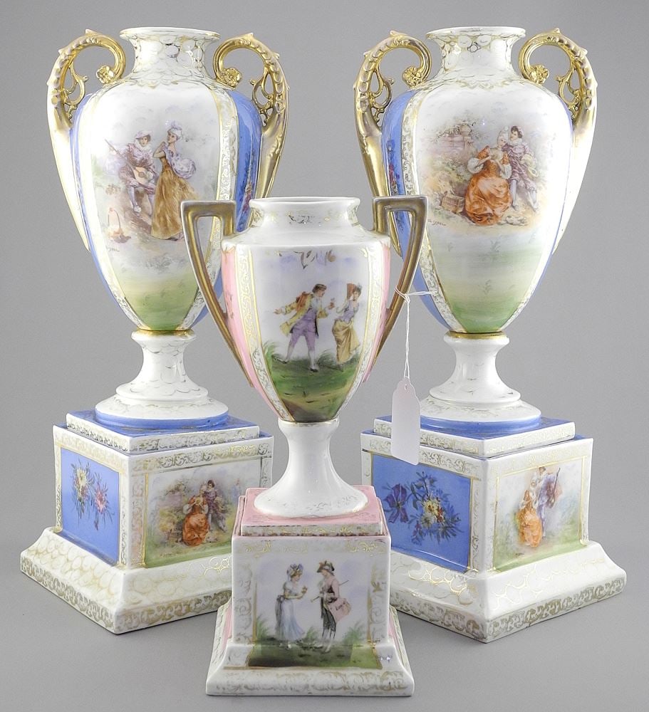 Three Austrian Urns; Pair of Royal Vienna Style & Single Victorian Carlsbad, 14 3/8 & 10 1/4": Three Austrian Urns; Pair of Royal Vienna Style & Single Victorian Carlsbad, 14 3/8 & 10 1/4"