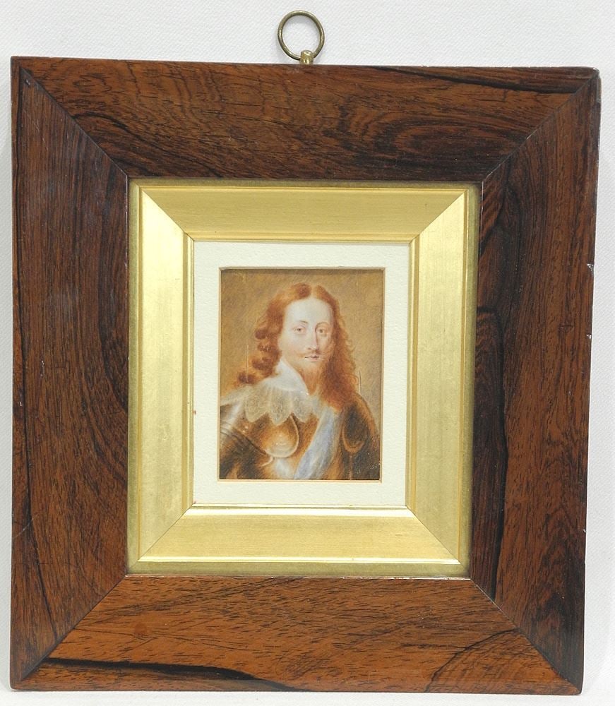 Rosewood Framed Miniature Portrait of Charles I, 3" x 2 1/4" (1 of 3)
