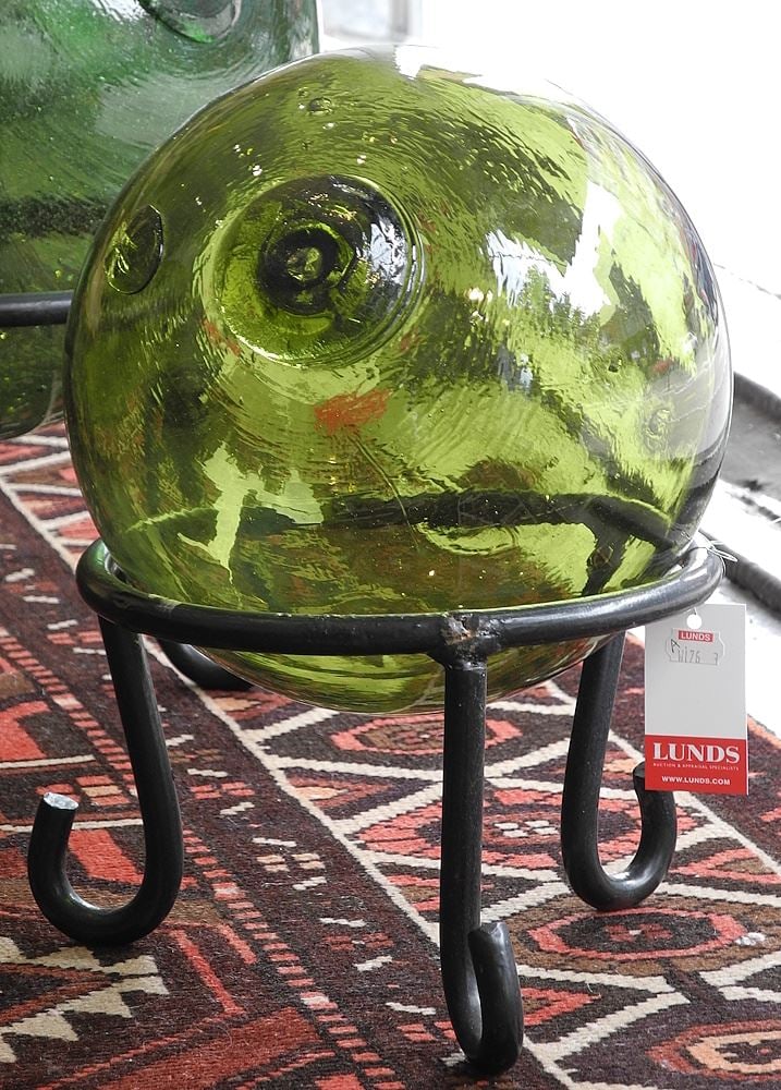 Green Japanese Glass Fishing Float with Seal on Wrought Iron Stand, 9" Diameter. (1 of 1)