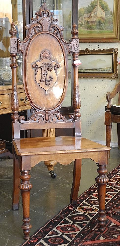 19th C. Monogrammed Mahogany Hall Chair.: 19th C. Monogrammed Mahogany Hall Chair.