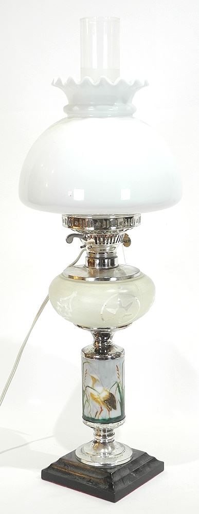 Converted Plated Oil Lamp with Crane Painted Font, 24 1/2" to Chimney: Converted Plated Oil Lamp with Crane Painted Font, 24 1/2" to Chimney