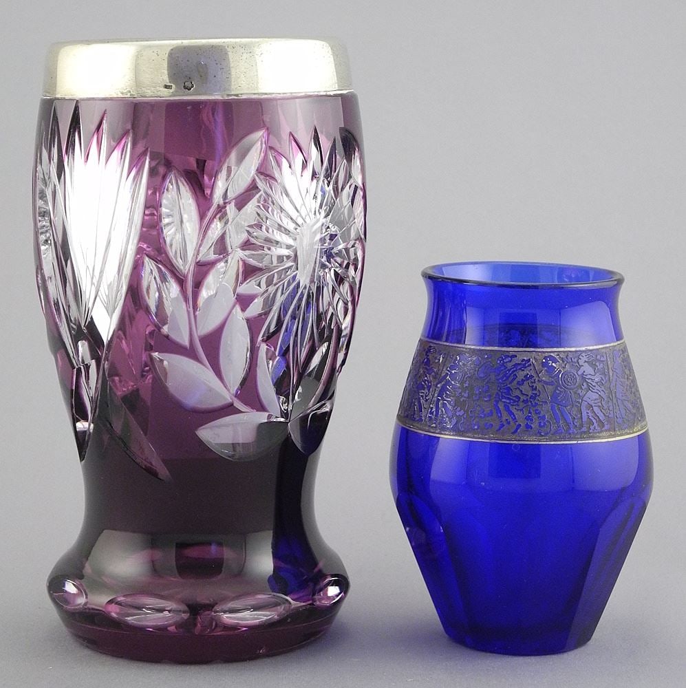 Amethyst Overlay Vase with Dutch Silver Rim (6 1/8"h), & Moser Cobalt Vase, 3 7/8"h. (1 of 2)