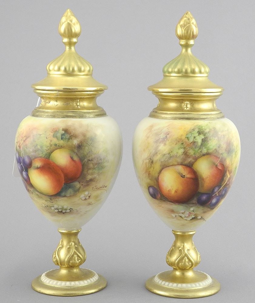 Two Royal Worcester Covered Vases (7 3/4"h) signed E. Townsend (one restored). (1 of 6)