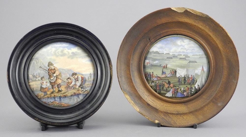 Two Pratt Ware Porcelain Pot Lids in Frames, One Frame Damaged (1 of 2)