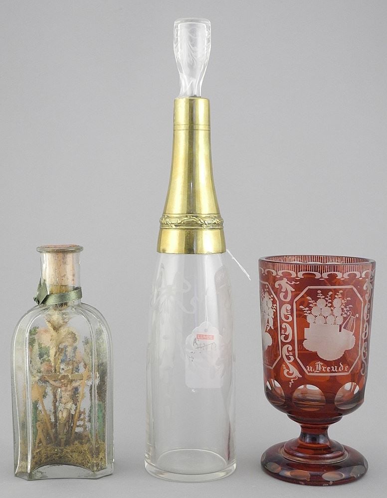 Three Glass Items: Bohemian Ruby Flash Beaker/Crucifixion Bottle/ Tapered Bottle, 5 3/8 - 11 (1 of 2)