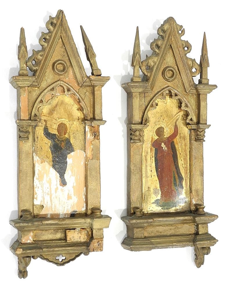 Pair of Gothic Giltwood Tempera Icons, Fragmentary Condition, 15"h (as found).: Pair of Gothic Giltwood Tempera Icons, Fragmentary Condition, 15"h (as found).
