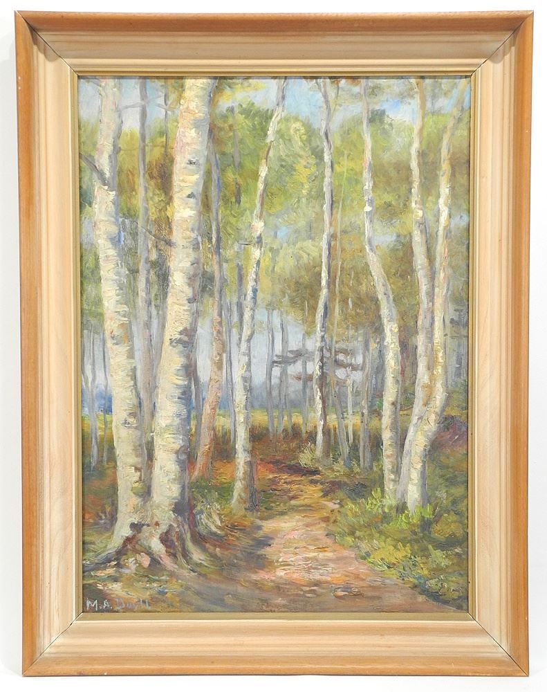 Two Oil on Canvas signed M.A. (Mary Allison) Doull, 30 x 22" & 4 3/8 x 3 1/2", "Birch Tre: Two Oil on Canvas signed M.A. (Mary Allison) Doull, 30 x 22" & 4 3/8 x 3 1/2", "Birch Tre