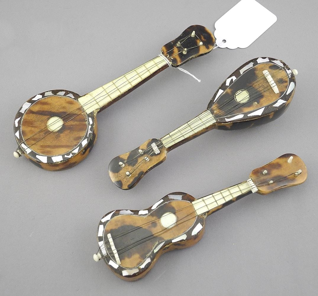 3 Tortoiseshell Miniature Musical Instruments, 5 1/4" - 6"h, NO EXPORT (1 of 3)