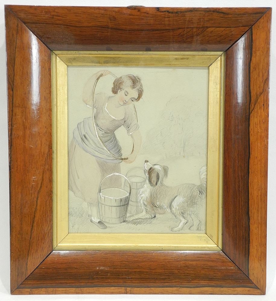 Rosewood Framed Coloured Drawing, 7 3/4" x 6 1/4", "Elizabeth 1837": Rosewood Framed Coloured Drawing, 7 3/4" x 6 1/4", "Elizabeth 1837"