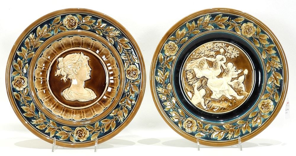 Two Molded Ceramic Wall Plates, One Marked Austria, 12 3/8" Diameter (both chipped). (1 of 4)