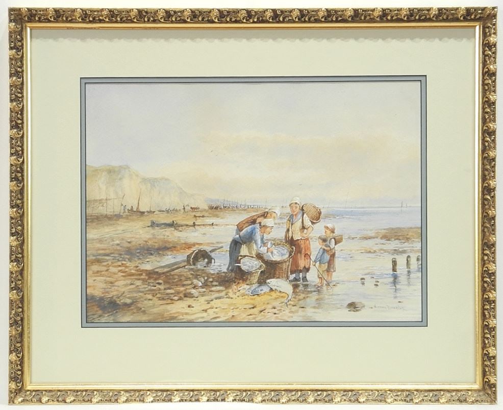 Watercolour signed Norman Bradley, 9 3/4" x 13 1/2", "Coastal Scene - Catching Fish": Watercolour signed Norman Bradley, 9 3/4" x 13 1/2", "Coastal Scene - Catching Fish"