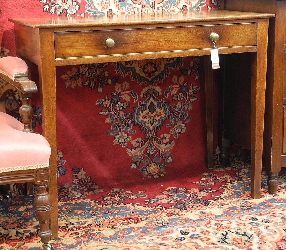 Georgian Mahogany Table With Glass Top and One Drawer, 35 3/4" x 20" x 30" h: Georgian Mahogany Table With Glass Top and One Drawer, 35 3/4" x 20" x 30" h